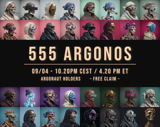 This image showcases "555 ARGONOS" with a date and time for a "FREE CLAIM" for "ARGONAUT HOLDERS," which aligns with the post's announcement of a free claim for a new derivative collection for Argonauts holders.