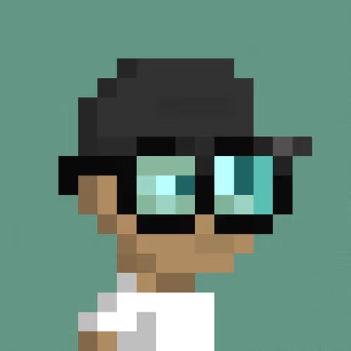 A pixel art portrait of a character with dark hair and sunglasses against a teal background.