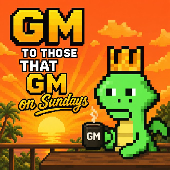 A pixel art-style graphic features a green dinosaur character wearing a gold crown and holding a coffee mug labeled 'GM', with the text 'GM TO THOSE THAT GM on Sundays' against an orange sunset background.