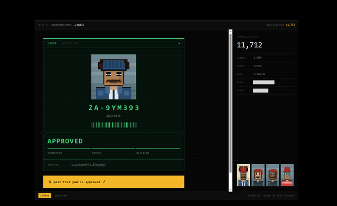 A screenshot of a ZADON PROTOCOL interface displaying a pixel-art avatar labeled 'ZA-9YM393' with an 'APPROVED' status, alongside a counter showing '11,712' applications and details like supply (2,000), yield (1000), and mood (unhinged).