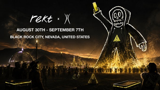 A promotional poster for "rekt x" event taking place August 30th to September 7th in Black Rock City, Nevada, featuring a hand-drawn grim reaper figure looming over a Burning Man-style festival scene with a large effigy on fire.