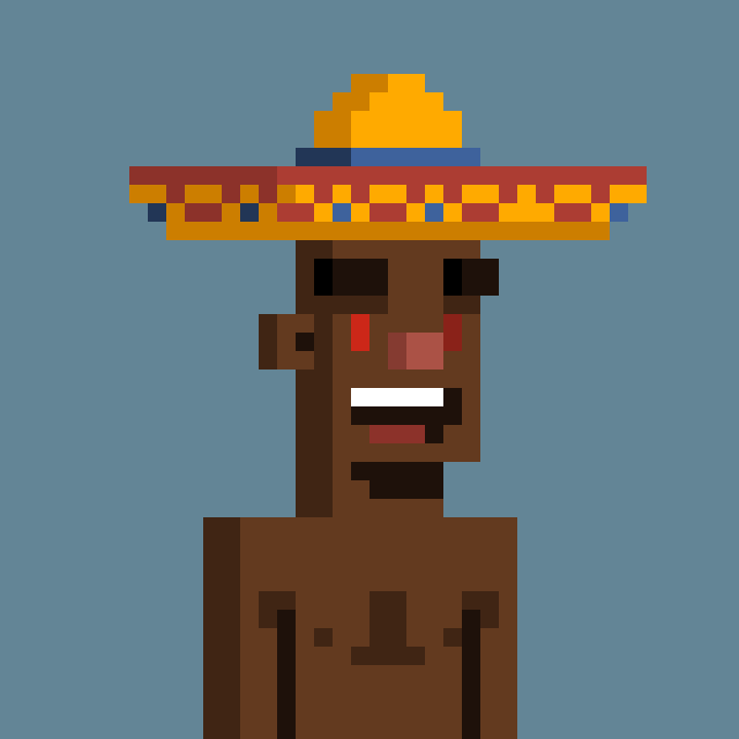 A pixel art character with dark brown skin wearing a colorful sombrero with yellow, red, and orange stripes against a blue background.