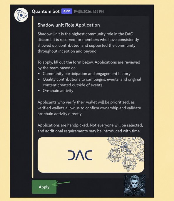 A Discord embed from 'Quantum bot' outlining the Shadow unit Role Application for the DAC discord, detailing criteria like community participation, on-chain activity, and a note that wallet verification will prioritize applicants, with an 'Apply' button.