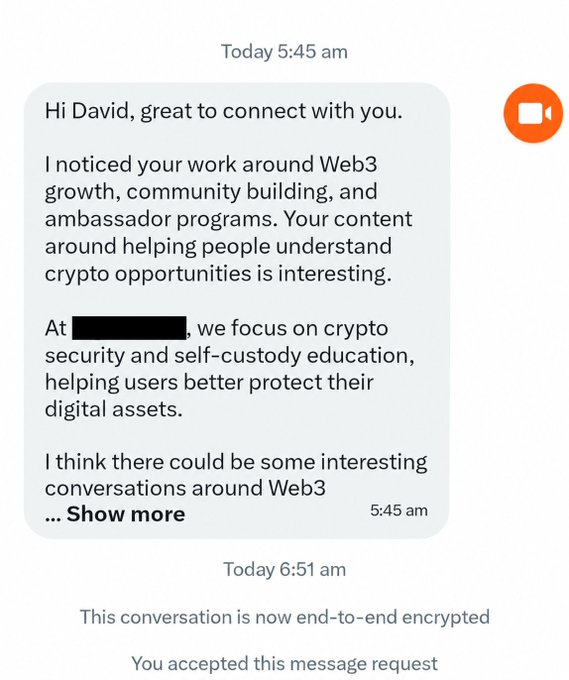A screenshot of a text message addressed to 'David' discussing 'Web3 growth' and 'crypto security', with an orange camera icon.