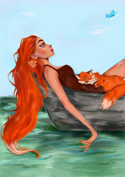 A fantasy-style digital painting depicting a woman with very long flowing red hair, wearing a dark dress, leaning gracefully over green water while an orange tabby cat sleeps curled up on her back; a small blue butterfly flutters in the sky above.