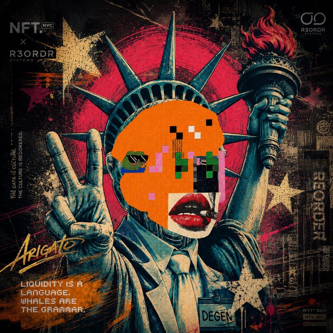 Grungy digital art collage featuring a Statue of Liberty-like figure with a pixelated face and red lips making a peace sign, promoting "NFT NYC x R3ORDR SYSTEMS" and an "Arigato" NFT collection.