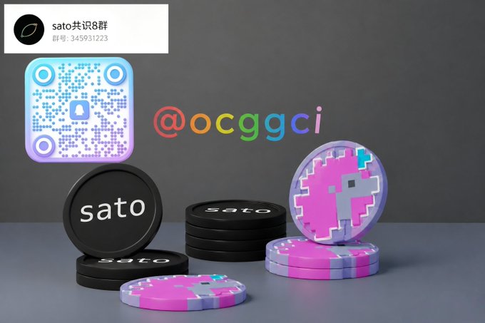 The image features a collection of coins, including black and pink ones, as well as a QR code that reads "@Sato has begun to move toward an upward trend. It' s said that it will soon launch on the Sesame Exchange, with bullish news approaching! The community has been upgraded to a 10,000-member group, welcoming like-minded believers to join the discussion".