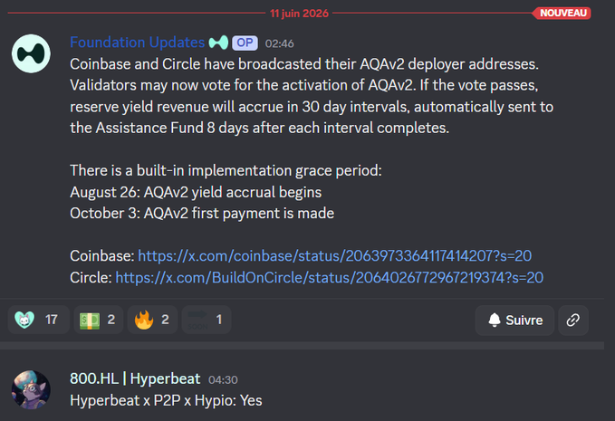 The image features a conversation about the deployment of an Aqv2-deployer address, which has been broadcasted by Coinbase and Circle to the assistance fund via the Coinbase website. It appears that the QAV2 deployer addresses are going live next month on August 26th. The post includes several links providing information and details, such as the expected fund yield by September 30th (90%), the allocation of funds for buybacks in USDC, and an explanation of how Bitcoin Core has broadcasted their deployer address. This discussion provides context to the upcoming deployment while also discussing its implications on the assistance fund.