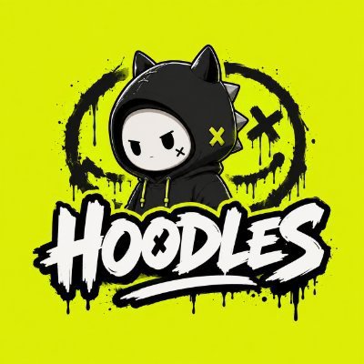 A cartoon character wearing a black hoodie with cat ears and X eyes on a bright yellow-green background, with the text 'HOODLES' displayed in a graffiti-style font below.