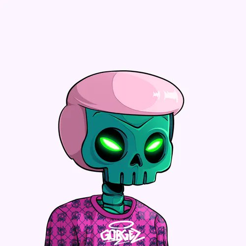 A digital illustration of a green skull character with glowing green eyes, wearing a pink beret and a pink patterned shirt with 'GLXGZ' written on it.