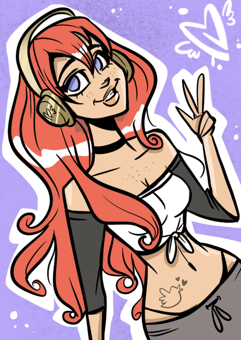 An anime-style illustration of a red-haired girl wearing headphones and a white outfit, posing with a peace sign against a purple background, with a small 'B3' signature.