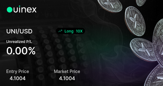 A trading interface showing a 'Long 10X' position on 'UNI/USD' with an unrealized P/L of '0.00%', an entry price of '4.1004', and a market price of '4.1004', alongside falling silver coins.