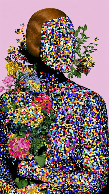 A stylized digital artwork of a figure holding a bouquet of flowers, with the figure's face and clothing composed of colorful pixelated dots against a pink background.