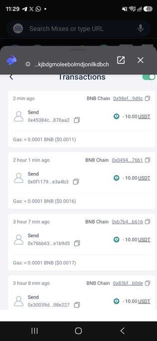 The image shows a transaction history screen on a mobile device displaying four recent "Send" transactions of 10.00 USDT each on BNB Chain, with gas fees of ~0.0001 BNB, confirming the post's claim that giveaway winners were each paid 10 USDT.