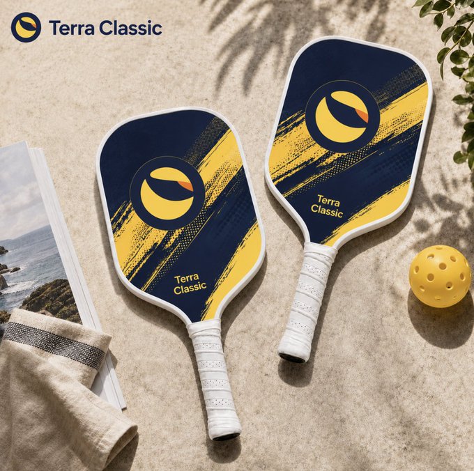 Two "Terra Classic" pickleball paddles with yellow and navy blue brushstroke designs rest on sand alongside a wiffle ball, evoking a summer beach vibe that pairs with the post's bullish claim that $LUNC will be the "star of this summer."