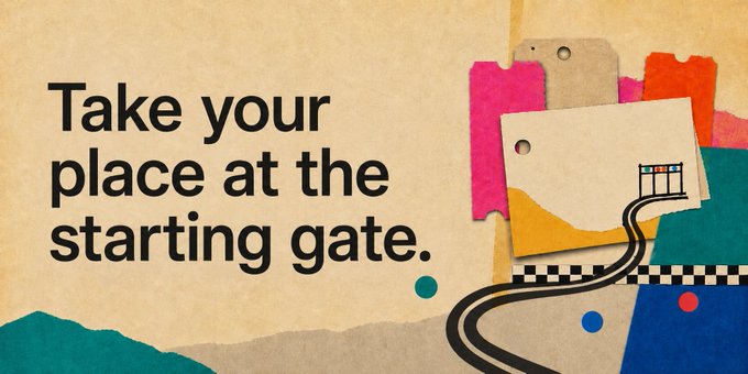 A textured, colorful collage-style graphic features the bold text "Take your place at the starting gate." alongside a winding race track leading to a starting gate illustration, visually reinforcing the post's invitation to join the hippodrome horse racing platform before it shuts.