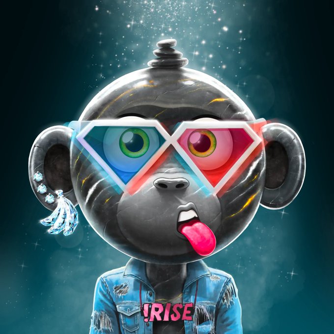 A digital illustration of a stylized monkey character wearing diamond-shaped glasses with different colored lenses, sticking out its tongue, with '!RISE' text on its denim jacket.