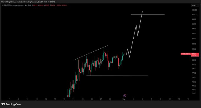 A TradingView 4-hour candlestick chart for the Hyperliquid Perpetual Contract ($HYPEUSDT) showing price action in an ascending channel pattern, with the current price at 84.30 and a hand-drawn white arrow projecting a breakout toward the $100 level, aligning with the post's bullish prediction of reaching $100.