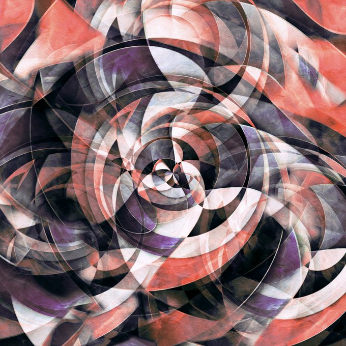 An abstract swirling digital artwork featuring layered, translucent petal-like shapes in shades of red, white, black, and purple arranged in a circular, rose-like pattern.