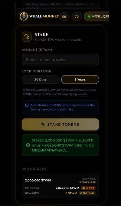 A cryptocurrency staking interface for 'Whale Monkey' showing a stake of 2,000,000 $TWM with 25,000 bonus tokens, locked for 5 years, with a Solana network transaction fee notice.