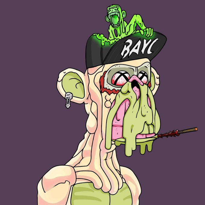 The image features a cartoon character of a monkey wearing a hat that says "BAYC". The monkey has a face painted with green goo, giving it a unique appearance. The background color of the image is purple, which contrasts with the white hair on the monkey's head and neck. The caption at the bottom of the image reads: "GM. Yesterday I connected with many Chinese accounts, and now we're following each other back. Hi I'm a monkey too!".