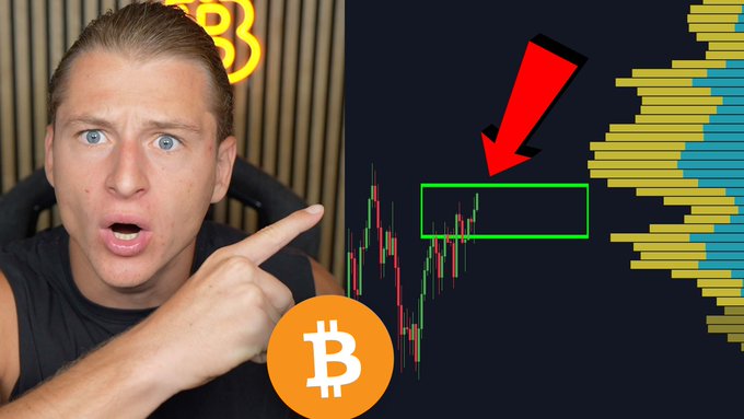 A man points toward a Bitcoin (₿) price chart highlighting a "critical zone" with a green rectangle and red arrow, alongside a volume profile on the right, promoting a YouTube video at youtu.be/UNzFk1hf1js about Bitcoin entering that key area.