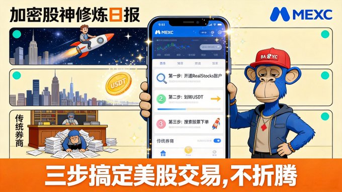 A MEXC cryptocurrency promotional graphic featuring a cartoon monkey mascot and Chinese text '三步搞定美股交易,不折腾' (Three steps to complete US stock trading, no hassle), with steps shown including opening a RealStocks account, transferring USDT, and searching for stock downloads.
