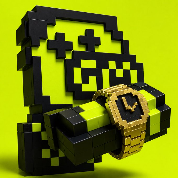 A 3D voxel-style rendering of an angry pixelated character with X-shaped eyes and a gold chain featuring a 'P' or '9' medallion, rendered in black and lime green colors.