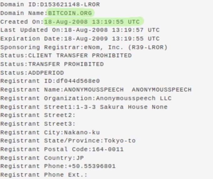 A WHOIS domain registration record shows Domain Name: BITCOIN.ORG, Created On: 18-Aug-2008, with registrant information for Anonymousspeech LLC in Nakano-ku, Tokyo, Japan.