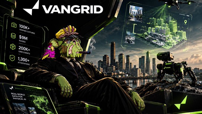 A promotional image for 'VANGRID' featuring a cartoonish figure in a suit smoking a cigar in a chair, set against a futuristic city skyline with holographic data displays, a robot, and metrics like '100K+ Verified Captures' and '$9M Raised'.