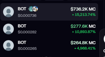 A mobile screen shows a list of $BOT cryptocurrency tokens with staggering market caps and gains, including $736.2K (+15,213.74%), $277.6K (+10,893.87%), and $264.8K (+4,968.41%). The image humorously illustrates the post's exasperation at the overwhelming number of similarly named "BOT" tokens, making it impossible to know which one is being referenced.