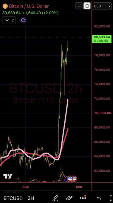 A TradingView chart of Bitcoin/U.S. Dollar (BTCUSD) showing the price at 80,539.64, with a sharp upward spike from the $64,000 range highlighted by a pink trendline on a 2-hour timeframe.