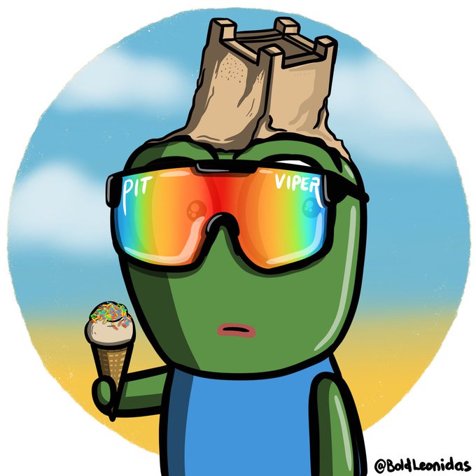 A cartoon illustration by @BoldLeonidas depicting the Pit Viper mascot character wearing rainbow-tinted sunglasses with 'PIT' and 'VIPER' written on the lenses, a sandcastle on his head, and holding a sprinkled ice cream cone against a circular sky background.