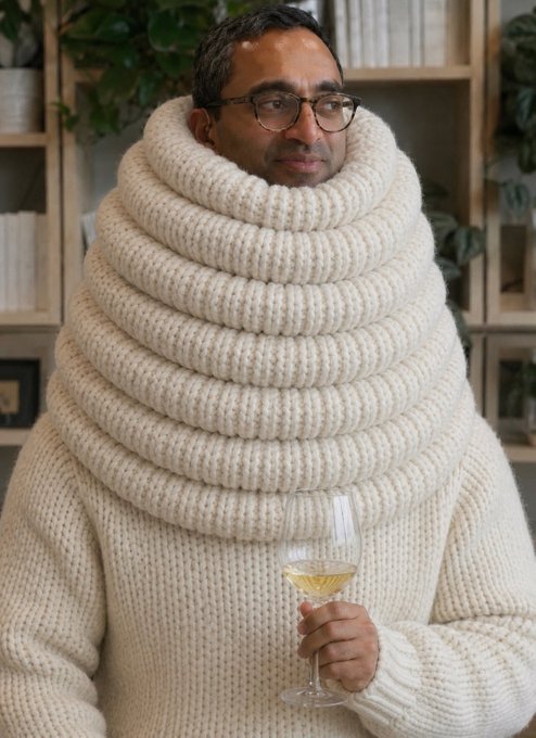 A man wearing an oversized, triple-layered cream knit sweater with a thick cowl neck holds a glass of white wine, humorously illustrating the "triple-layered" SPV investment with the bulky, layered garment enveloping him.