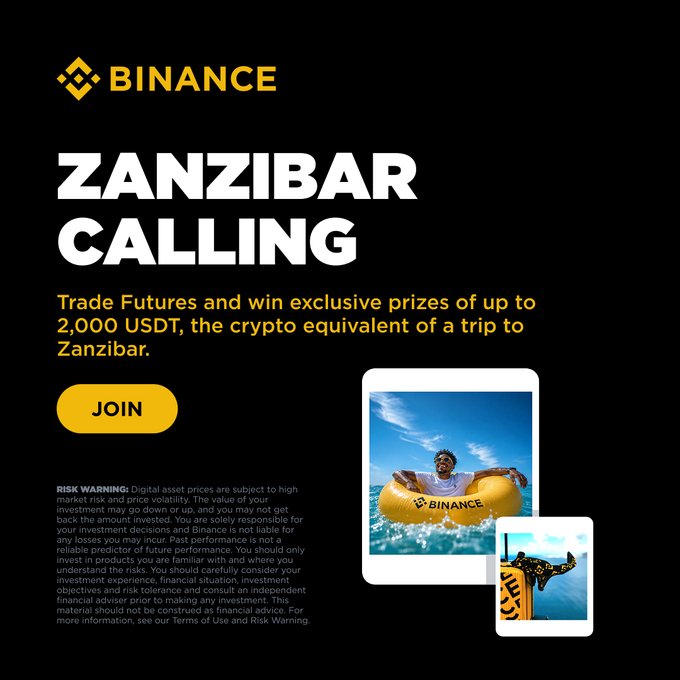 A Binance promotional advertisement for the "Zanzibar Calling" futures trading competition, featuring prizes of up to 2,000 USDT, with a "JOIN" call-to-action button and images showing a person in a Binance-branded pool float alongside a risk warning disclaimer about cryptocurrency trading volatility.
