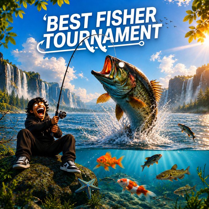 A vibrant cartoon illustration shows a boy in a hoodie excitedly holding a fishing rod as a large fish leaps from a waterfall lake, with 'BEST FISHER TOURNAMENT' displayed at the top.