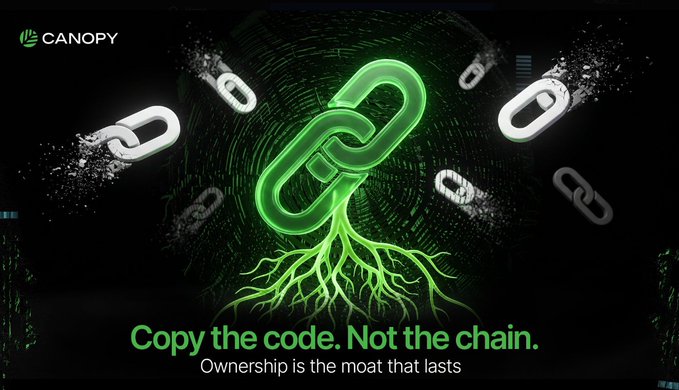 The image is a promotional graphic for Canopy (CNPY) featuring a glowing green chain link with roots extending below it, surrounded by smaller breaking chain links, with the tagline "Copy the code. Not the chain. Ownership is the moat that lasts." It visually reinforces the post's message about how features in crypto can be easily forked or copied, while highlighting Canopy's sovereign chain model as a way for builders to maintain ownership and lasting control rather than just being the first to ship.