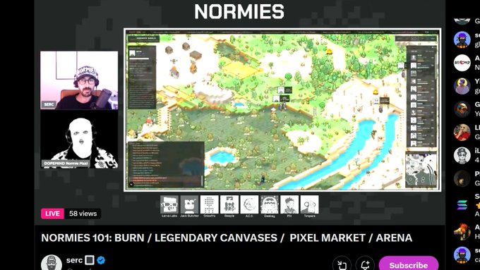 A YouTube live stream screenshot titled "NORMIES" featuring two people on a webcam call and gameplay of a pixel-art style strategy game with the description "NORMIES 10+: BURN / LEGENDARY CANVASES / PIXEL MARKET / ARENA".