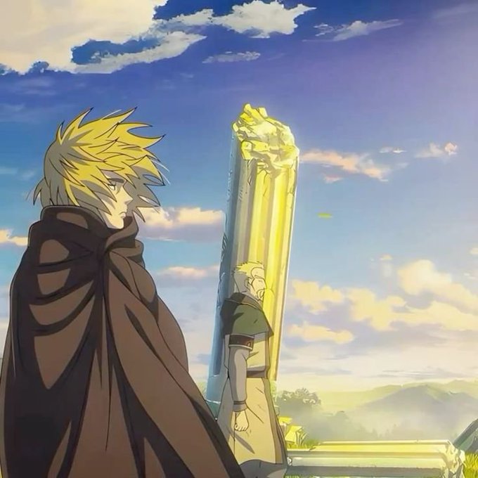 An anime scene showing a blonde spiky-haired character in a brown cloak standing in the foreground while another blonde character stands beside a glowing golden pillar against a cloudy blue sky.