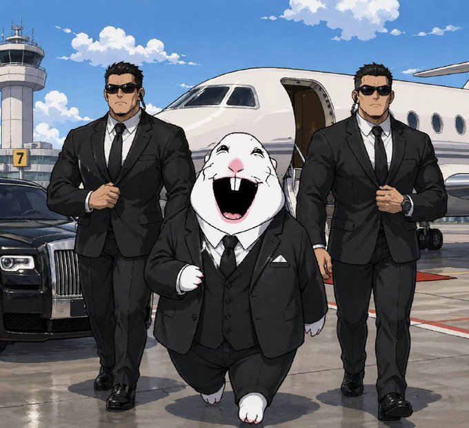 An anime-style illustration depicting a smiling, anthropomorphic white character in a suit being escorted by two bodyguards in black suits and sunglasses, with a private jet and luxury cars in the background.