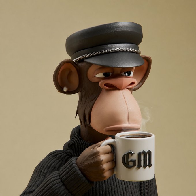 A 3D rendered image of a monkey wearing a black captain's hat and sweater, sipping from a white mug that says 'GM'.
