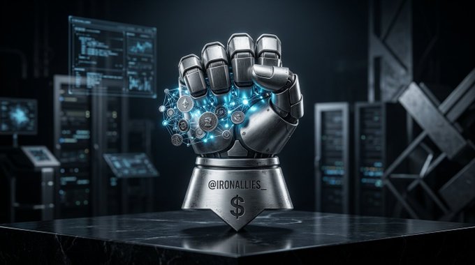 A metallic robotic fist holding glowing blue cryptocurrency coins and blockchain elements on a pedestal labeled '@IRONALLIES' with a dollar sign.