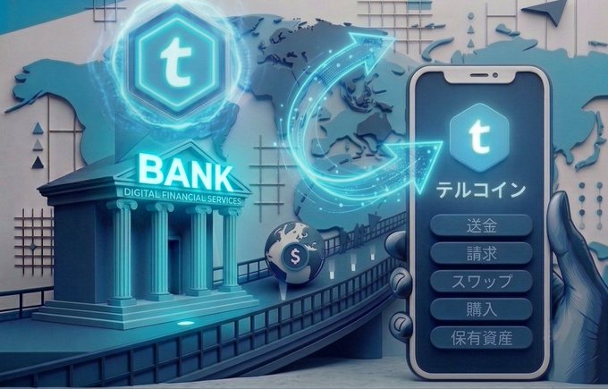 The image features a futuristic digital illustration of a bank labeled "DIGITAL FINANCIAL SERVICES" alongside a smartphone displaying the Telcoin app interface with Japanese menu options (送金/Transfer, 請求/Request, スワップ/Swap, 購入/Purchase, 保有資産/Assets) and the Telcoin "t" logo, with a world map and currency symbols in the background—visually representing the post's message of Telcoin as a comprehensive, borderless digital banking and remittance platform powered by its new US Digital Bank charter and eUSD stablecoin integration.