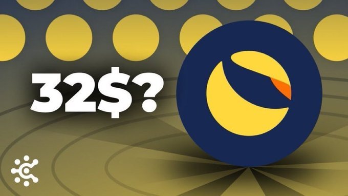The graphic features the text "32$?" next to the Terra (LUNC) logo against a yellow dotted background, visually representing the speculative question posed in the post about whether LUNC could reach $32 by 2027.