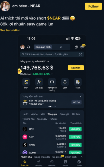 A screenshot of a Binance mobile app interface in Vietnamese showing a portfolio value of '149,768.63 $', with tickers QNT (+66.09%), AMP (+40.76%), RARE (+29.32%), and GLMR (+25.64%) displayed.