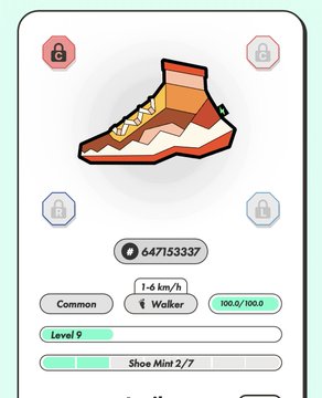 The image shows a white screen with a shoe design displayed, possibly for sale or as part of an app. The screen also has a green lock icon and a red stop button. The text "StepN" can be seen at the bottom left corner of the image.