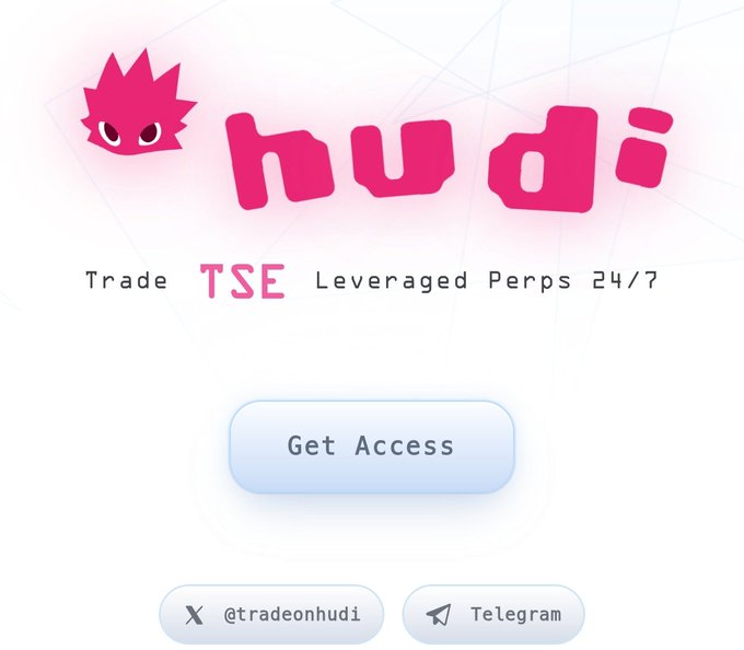 Promotional image for Hudi featuring a pink spiky character logo with the tagline "Trade TSE Leveraged Perps 24/7," a "Get Access" button, and social links to @tradeonhudi on X and Telegram, promoting the platform's early waitlist opportunity for leveraged perpetual trading in the Sui ecosystem.