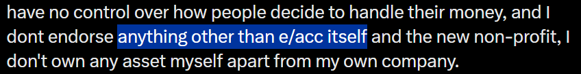 A dark image showing a highlighted text excerpt that reads "anything other than e/acc itself," reflecting a post discussing endorsement claims and a $100k profit made by Jeff Bezos in 24 hours for his e/acc non-profit initiative.