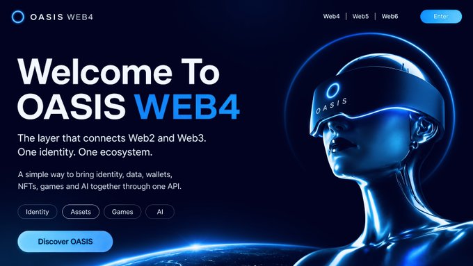 A website landing page for "OASIS WEB4" featuring a woman wearing a futuristic VR headset, with text reading "Welcome To OASIS WEB4 - The layer that connects Web2 and Web3. One identity. One ecosystem."