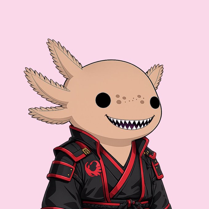 A cartoon illustration depicts an axolotl character wearing a black and red kimono-style outfit with a scorpion emblem against a pink background.